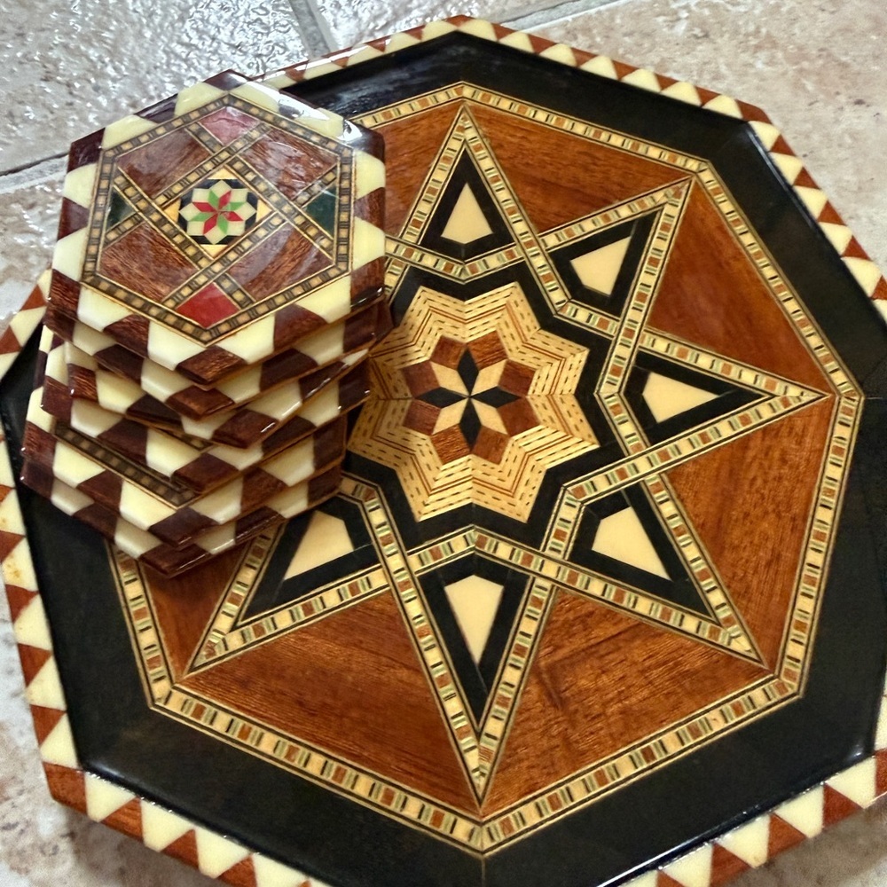 Taracea Granada Inlaid Wood Tray And Coasters Geometric  Folk Art 🇪🇸 Spain